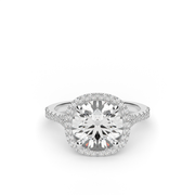 White Gold Round Shape Diamond Split Shank Pave Halo Engagement Ring With U Cut Setting